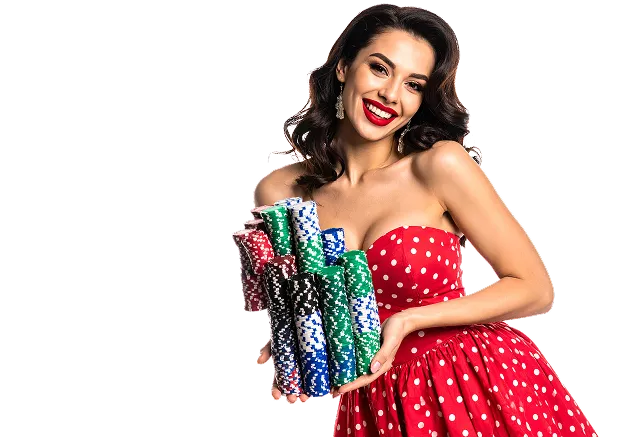 Pin-Up cazibədarlığı: Qırmızı paltarlı qız əlində kazino fişləri ilə. Böyük uduşlar səni gözləyir!